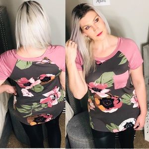 Tops - NWOT Charcoal Floral Pink Pocket Baseball Tee XL Tops - NWOT Charcoal Floral Pink Pocket Baseball Tee XL